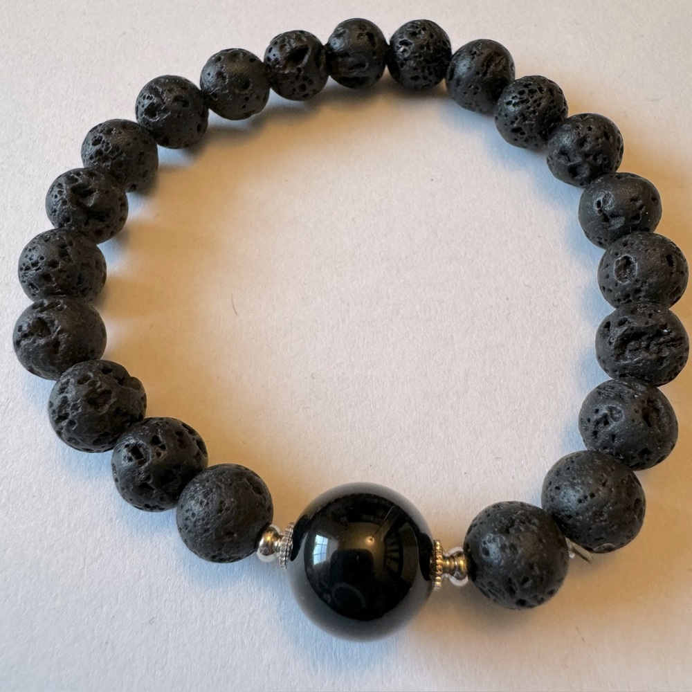 Black Lava rock beaded stretch bracelet silver-tone accent, boho whimsigoth